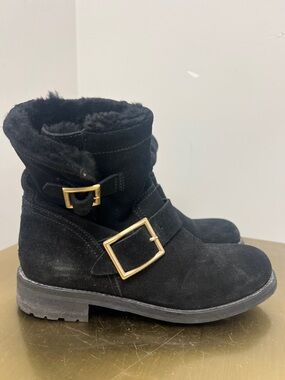 Jimmy Choo Black Suede Shearling-Lined Ankle Boots with Gold Buckles